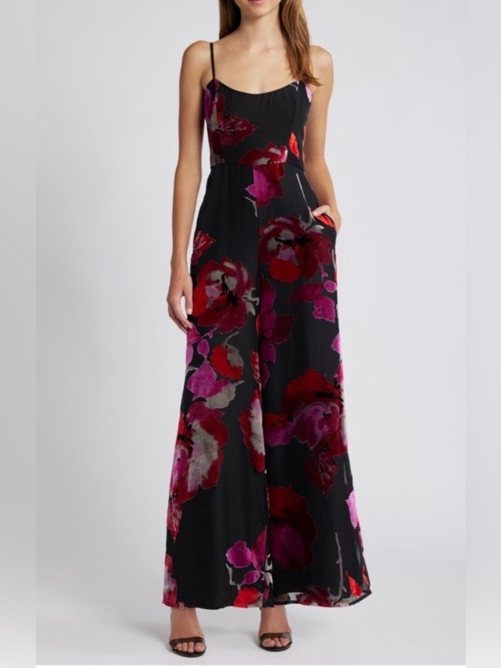 Hutch Sonnie Floral Velvet Jumpsuit - Flowy Wide Leg - Moody Blooms Boho Glam - Picture 1 of 6